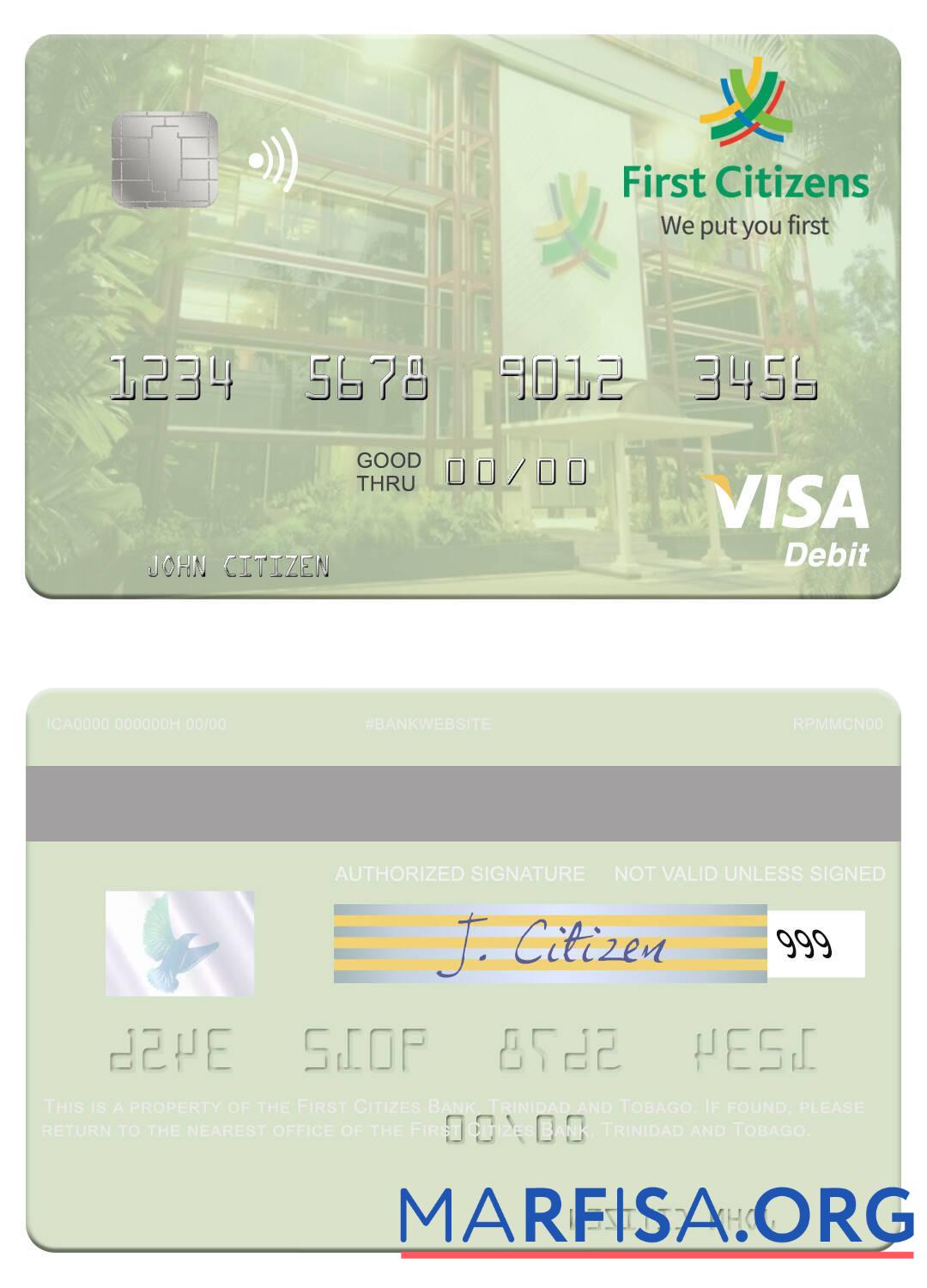 Blank Trinidad and Tobago First Citizes Bank visa debit card sample